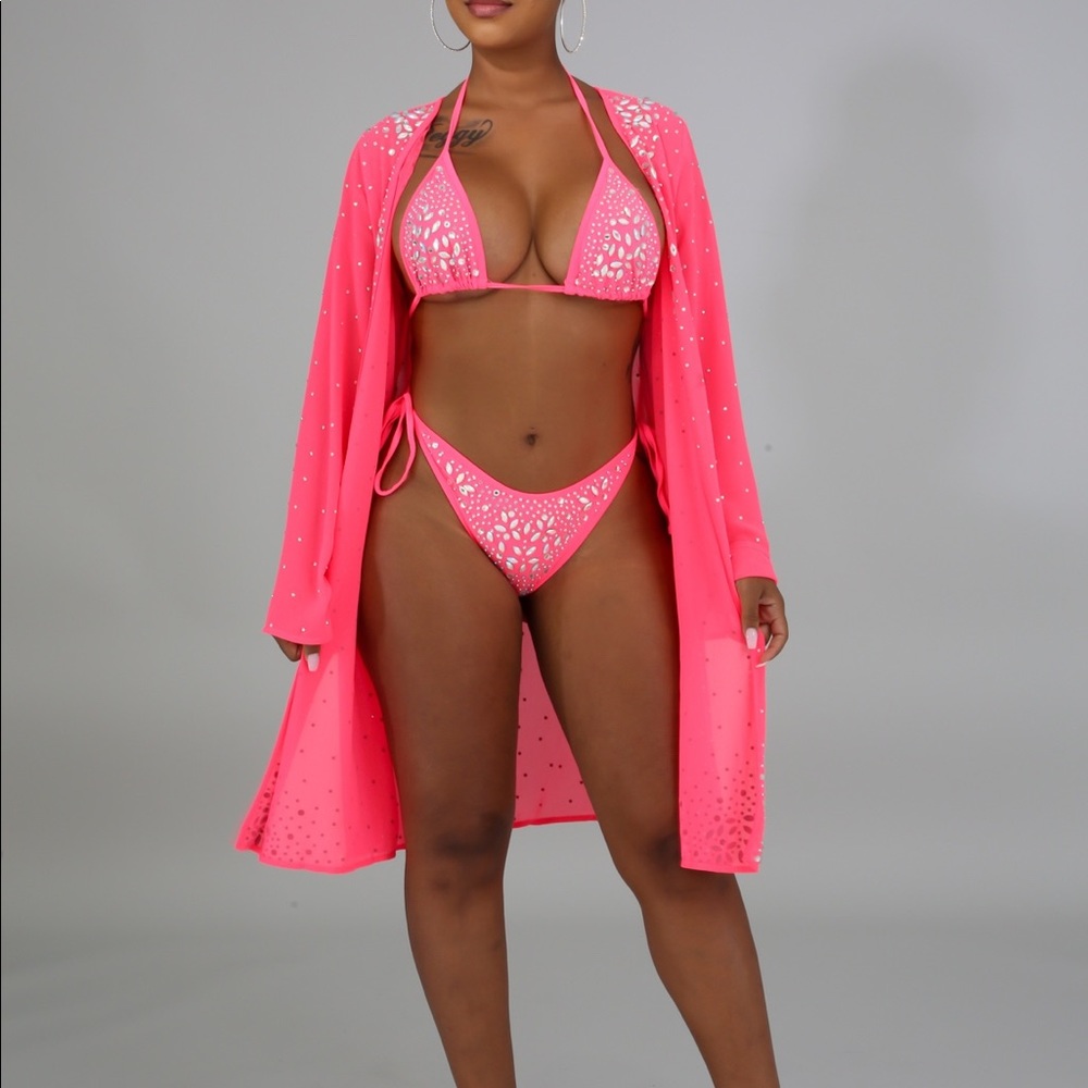 Neon Pink Embellished Triangle Bikini Set with Cover-Up